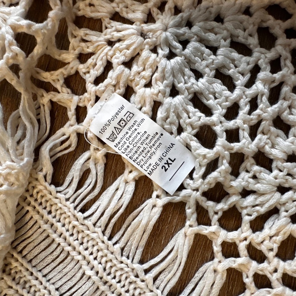 Cream Boho Crochet Fringe Vest Tie Front Open Knit Festival Cover Up 2XL - Picture 4 of 6